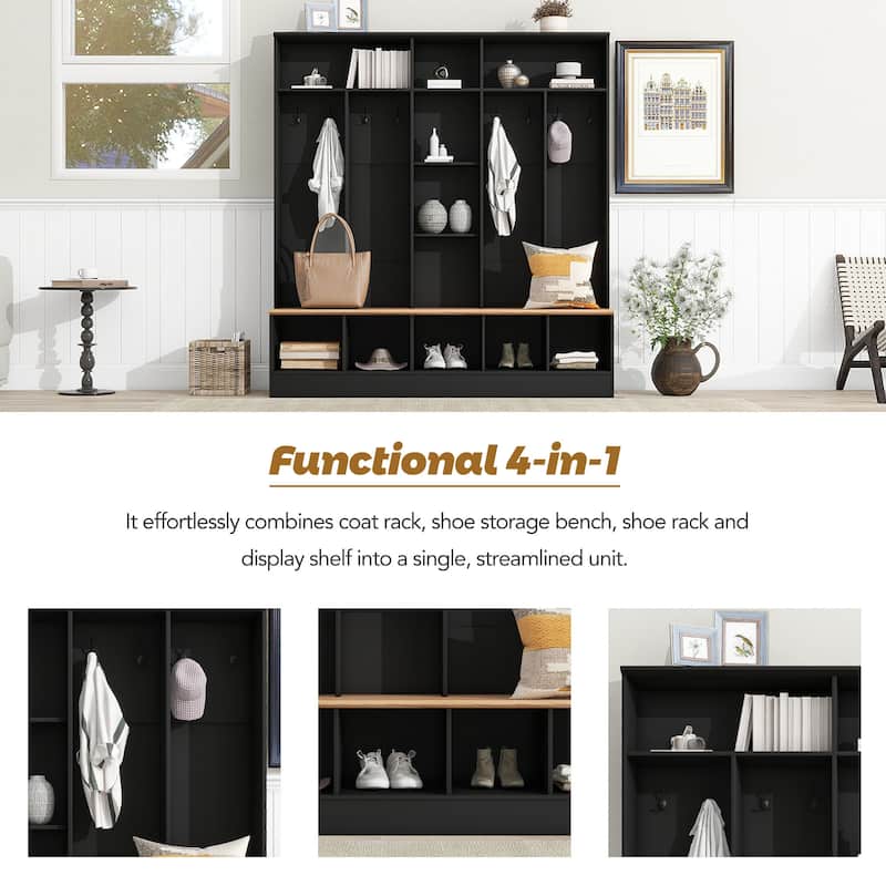 Hall Tree with Storage Bench, Shoe Cabinet with Cube Storage & Shelves, Coat Rack with 8 Hooks