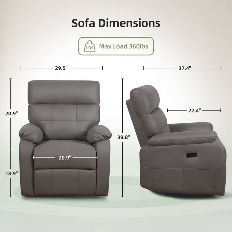 Electric Power Swivel Recliner Chair - Oversized PU Leather Massage Recliner with USB/Type-C Charging