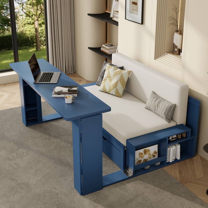 Roomfitters 4-in-1 Full Size Daybed with Desk, Storage Drawers and Hydraulic Table - Blue