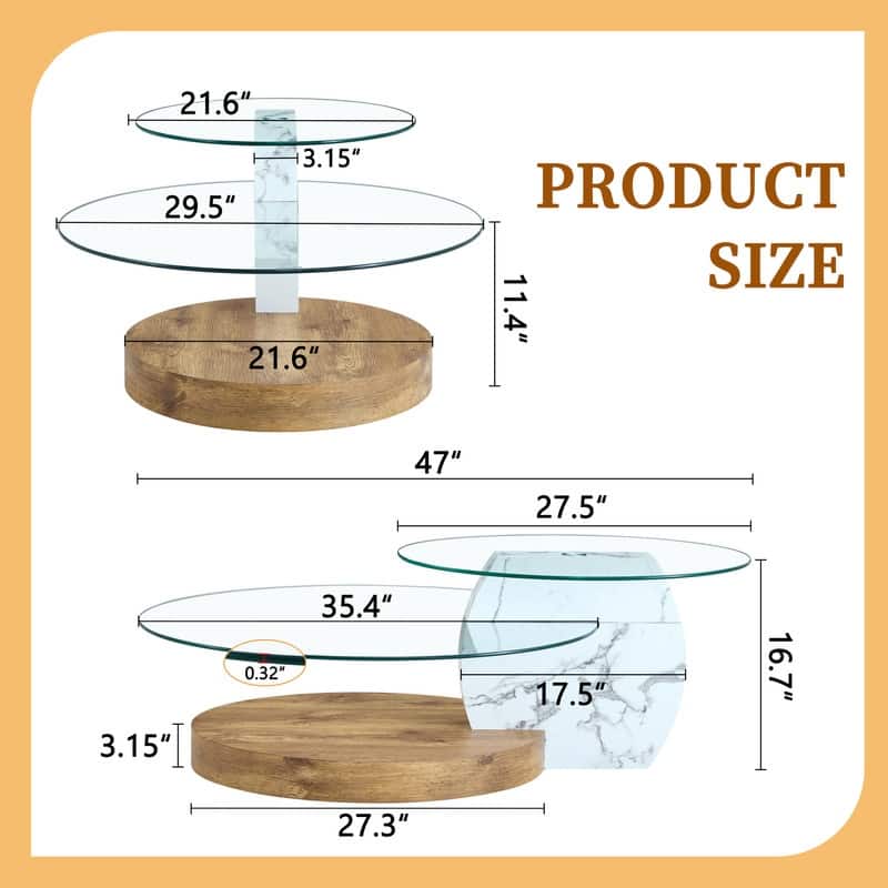 Contemporary Artistic Double Layer Coffee Table - White Marble and Wood Grain Collision