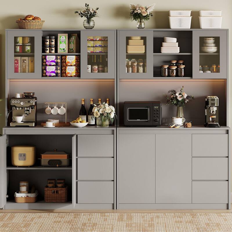 71" Pantry Cabinet with Charging Station,Tall Kitchen Pantry Storage Cabinet with Led Lights - Grey