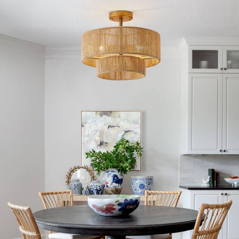 Bohemian Gold Natural Handmade Jute Rope 3-Light Two-Tier Drum Semi-Flush Mount Ceiling Light - 15.4"Wx12.6"H