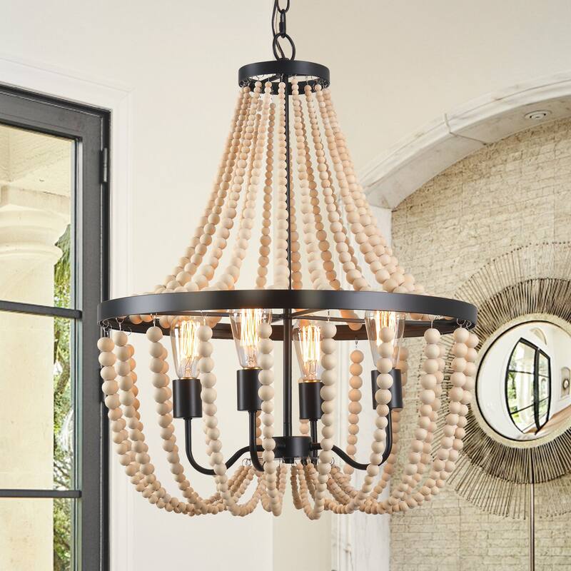 Farmhouse Beaded Chandelier Wood Chandelier Wood Bead Chandelier - 4-Light