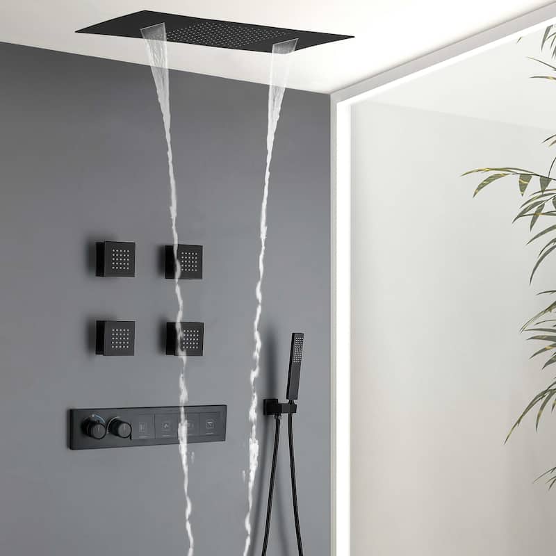 NSF Certified Square Rainfall & Waterfall Showerhead with High pressure Handheld, 4 Massage Jets, Thermostatic Cartridge