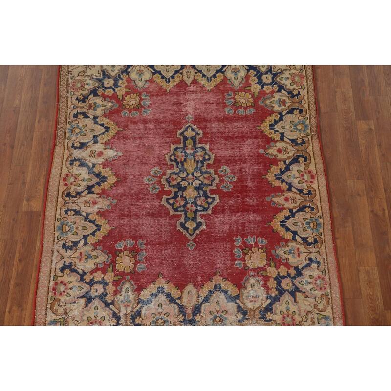 Distressed Pink Kerman Persian Antique Rug Hand-Knotted Wool Carpet - 4'4" x 5'5"