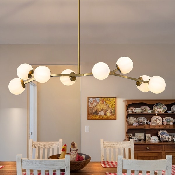 8 Lights Modern Sputnik Linear Bubble Chandelier with Globe White Glass Shades W 56 Gold