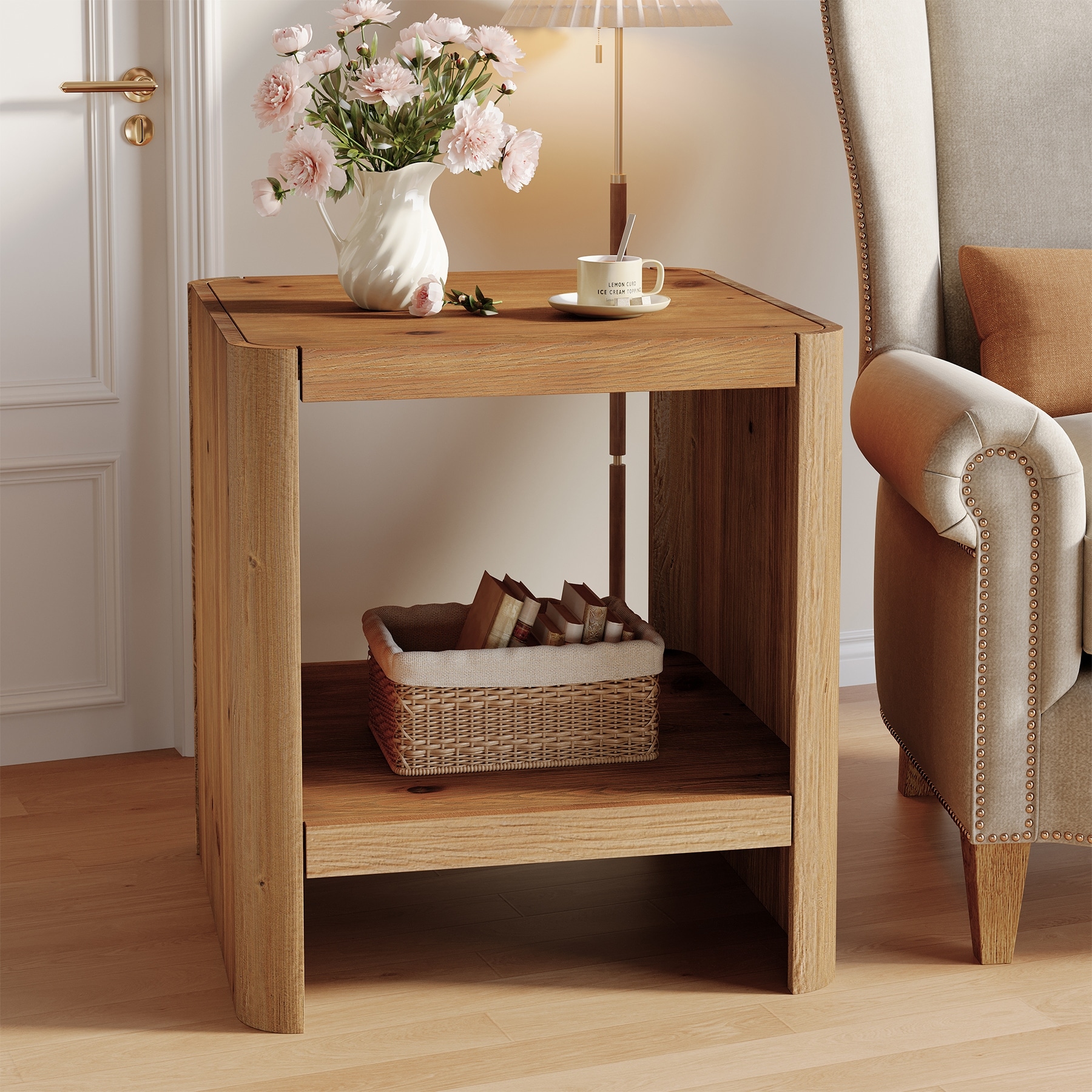 Solid Wood End Table, Side Table with Open Storage Shelf, Living