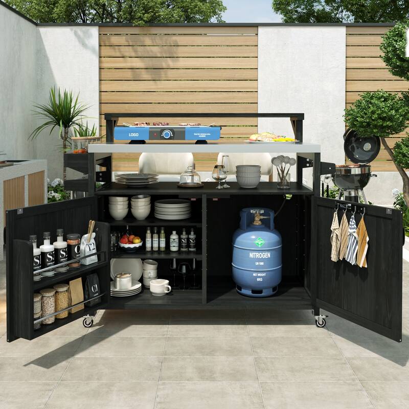 53.3" Outdoor Kitchen Island with Raised Shelf,Solid Wood Storage Cabinet with Stainless Steel Top(NO CHAIR) - N/A