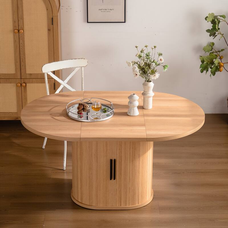 59" Modern Oval Dining Table with Storage Shelf, Wood Sliding Door Kitchen Table for 4-6 People