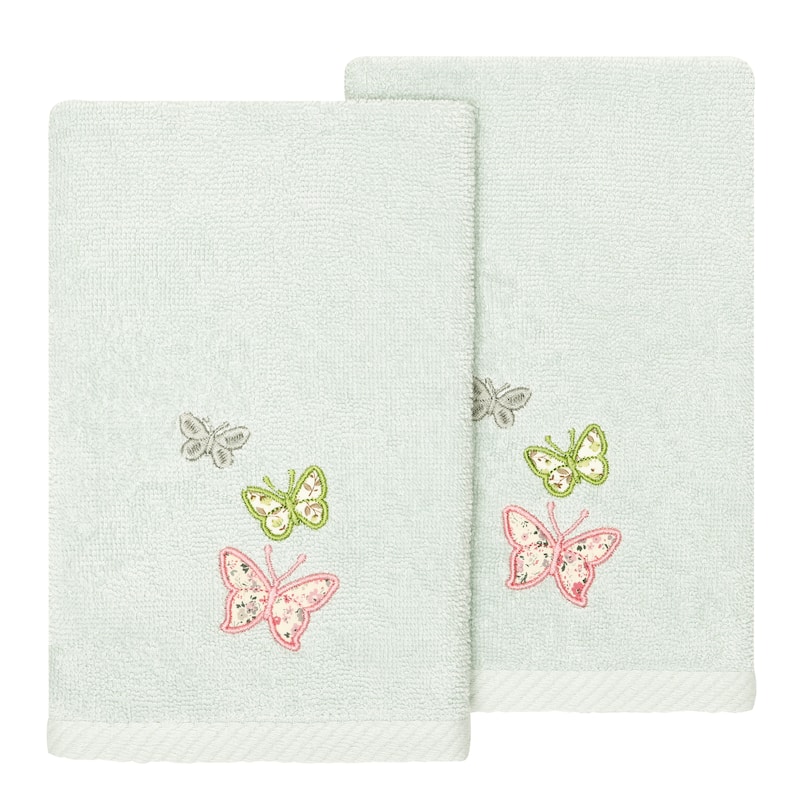 Authentic Hotel and Spa 100% Turkish Cotton Mariposa 2PC Embellished Fingertip Towel Set - Aqua