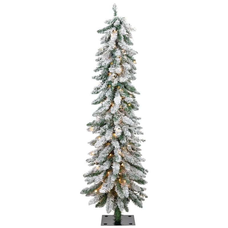 Pre-Lit Pencil Flocked Alpine Artificial Christmas Tree - 5' - Clear Lights - 5 Foot