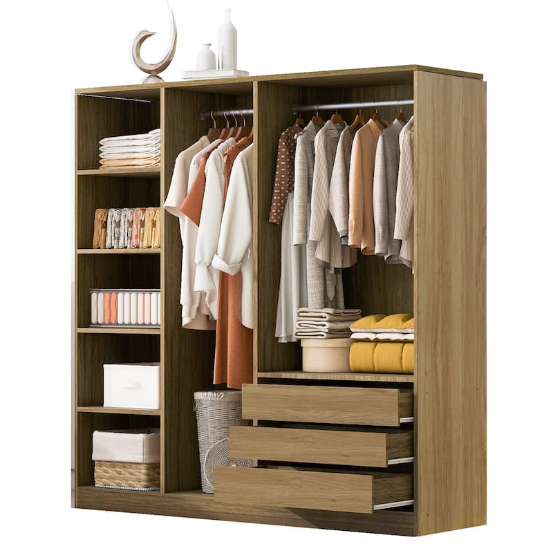 Open Armoire Wardrobe with 3 Drawers 67.70 Inch Freestanding Wardrobe with Clothes Rail Wooden Bedroom Storage Cabinet