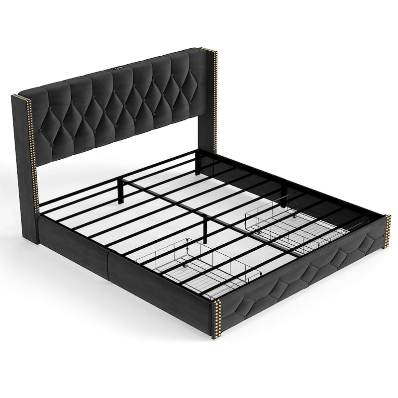 Wingback Bed Velvet Upholstered Platform Bed Frame with 2 Storage Drawers and Headboard, Charging Station, Noise-Free, Black