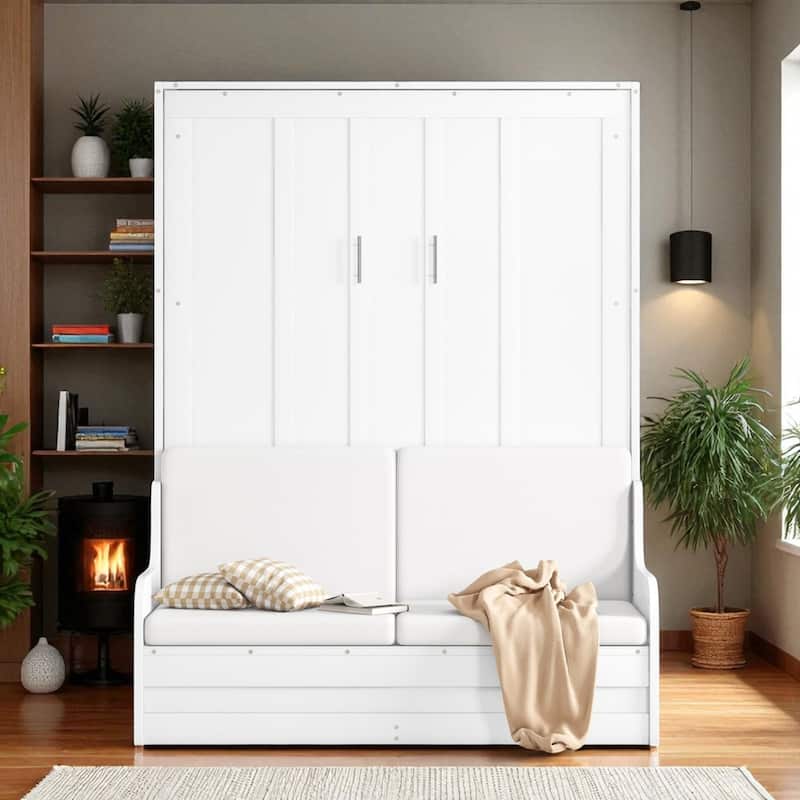 Queen Size Murphy Wall Bed with Folding Cushion Chair, Space-Saving Cabinet Bed for Guest Room or Home Office - White - Queen