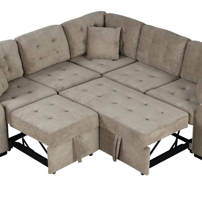 82.6" Velvet L-Shape 4-Seat Sectional Sleeper Sofa with USB Ports, Power Sockets and Wheels