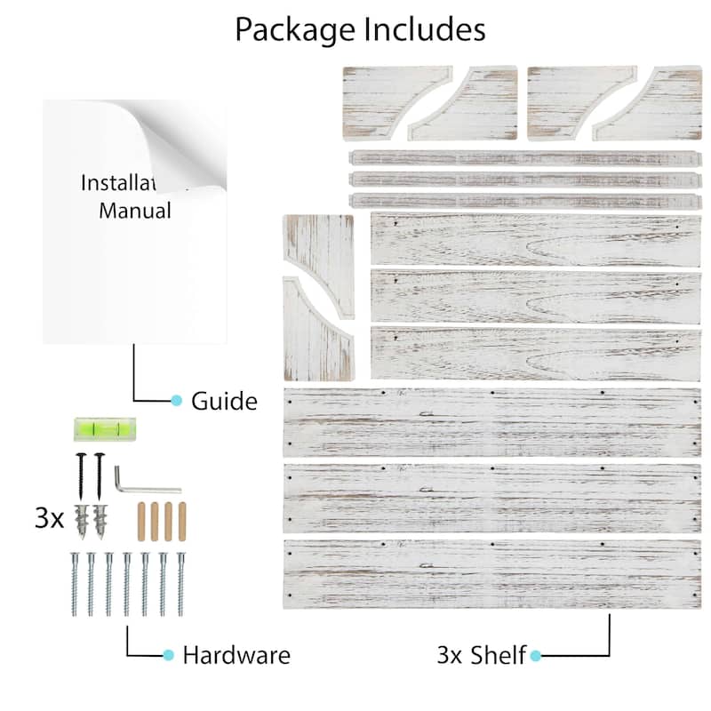 Wallniture Angel Decorative Rustic White Hanging Shelves, 30 inch Wood Wall Mounted Display Shelf for Home and Office, 3 pcs