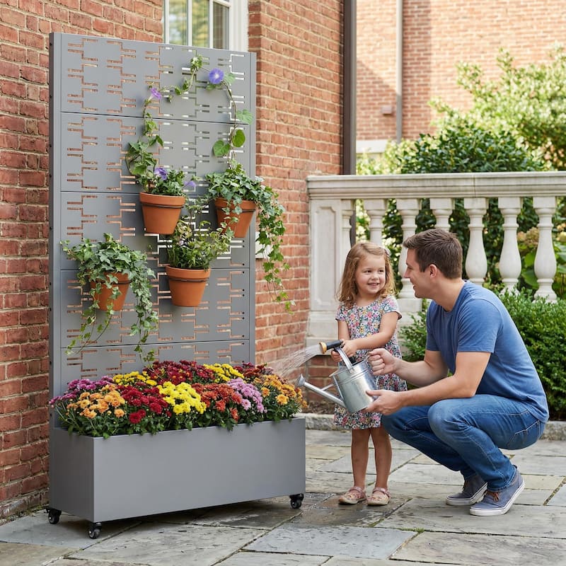 Metal Planter Box with Trellis Privacy Screen Planter Box with Lockable Wheels