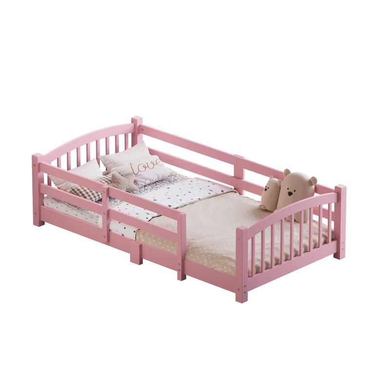 Roomfitters Montessori Floor Bed with Guardrails, Solid Wood Low Platform Bed with Slats, Easy Assembly