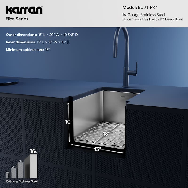 Karran Elite series 16 Gauge Stainless Steel 15 in. Undermount Bar Sink Kit
