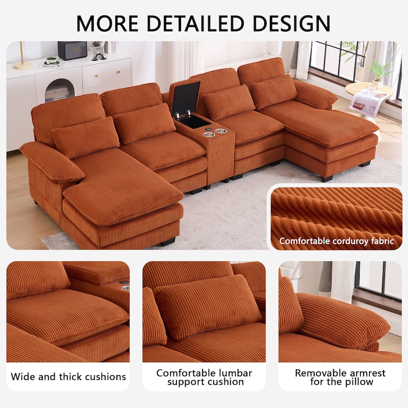 124" Modern Modular Sofa with Double Recliner and USB Port with Center Console