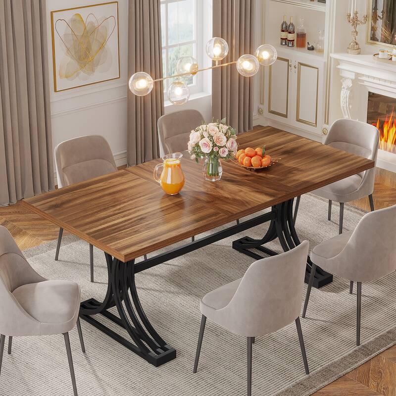 63" Rectangular Dining Table, Modern Kitchen Table with Faux Marble Top for Dining Room - Brown+Black