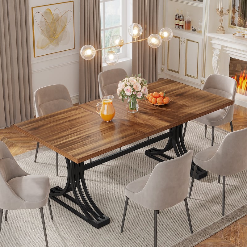 63-Inch Large Rectangular Dining Table, Modern Faux Marble Kitchen Table for Dining Room - Brown+Black