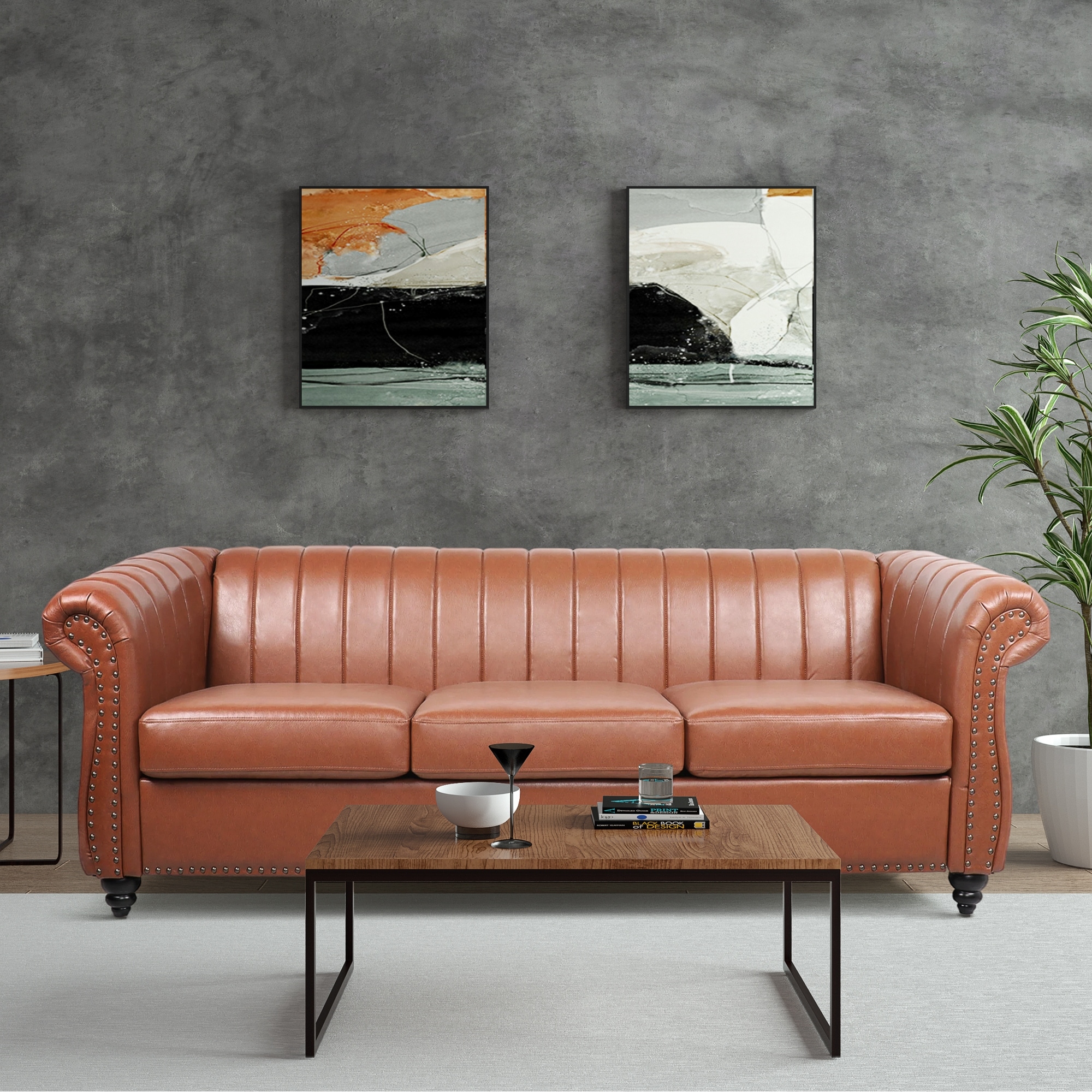 84''Brown PU Rolled Arm Chesterfield Three Seater Sofa
