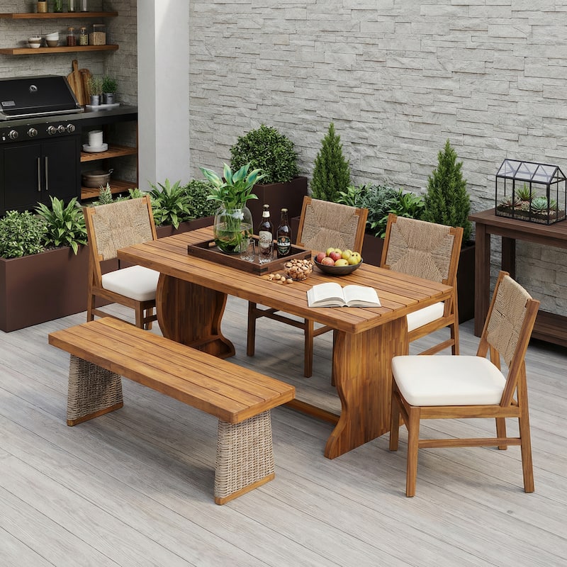 Christopher Knight Home - Itsuko 6-Piece Outdoor Acacia Wood Dining Set with Woven Wicker Back Chairs, Bench & Slat Dining Table - Cream+Starburst Wicker+Teak Finish