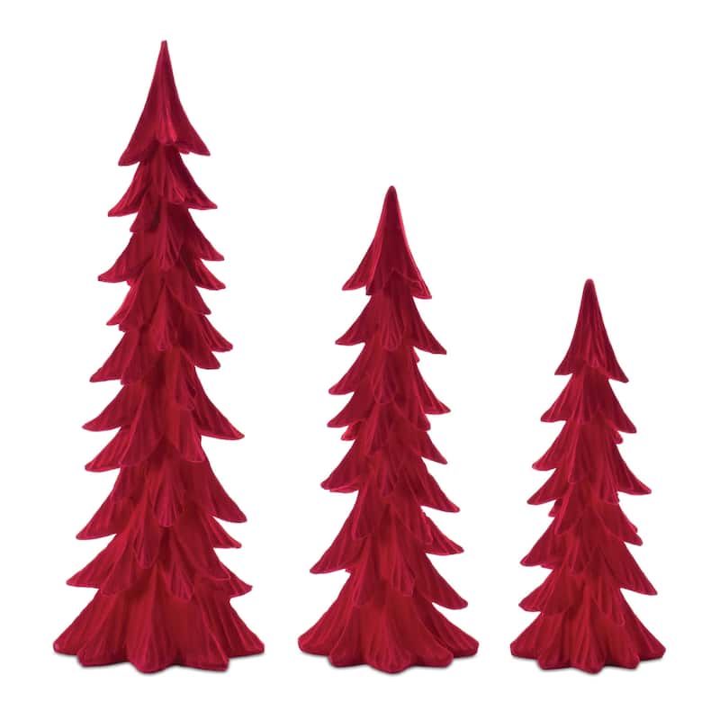 Set of 3 Velvet Resin Pine Tree Decor Modern Holiday Decoration for Mantel or Shelf Display - 6.75”L x 5”W x 17”H