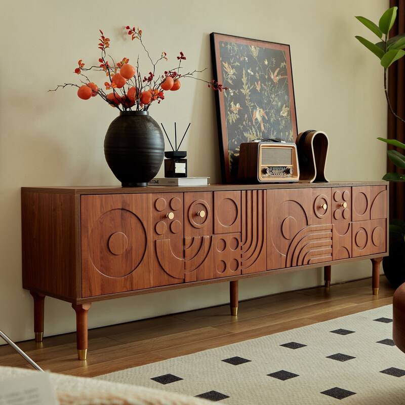 Mid-Century Modern TV Stand-Walnut Entertainment Center with 4 Storage Cabinets, Fits 55+ Inch TVs, Minimalist Design for Living