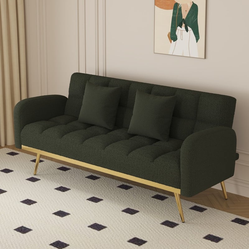 68.5-inch teddy velvet sofa bed with throw pillows - Green