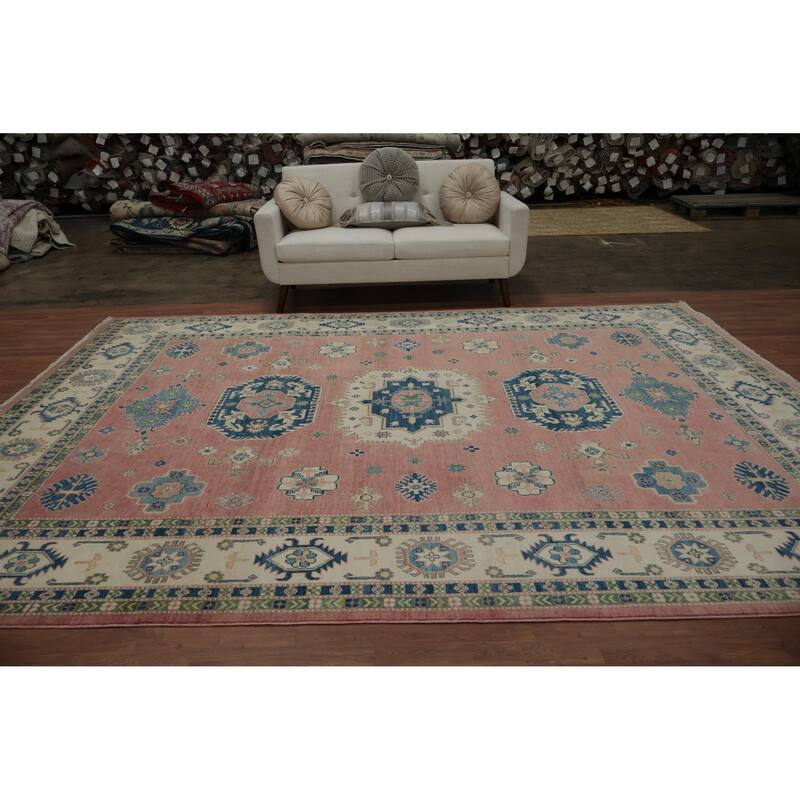 Hand Knotted Oriental 100% Wool Carpet Traditional Geometric Pink Kazak Area Rug - 11' 10'' X 9' 0''