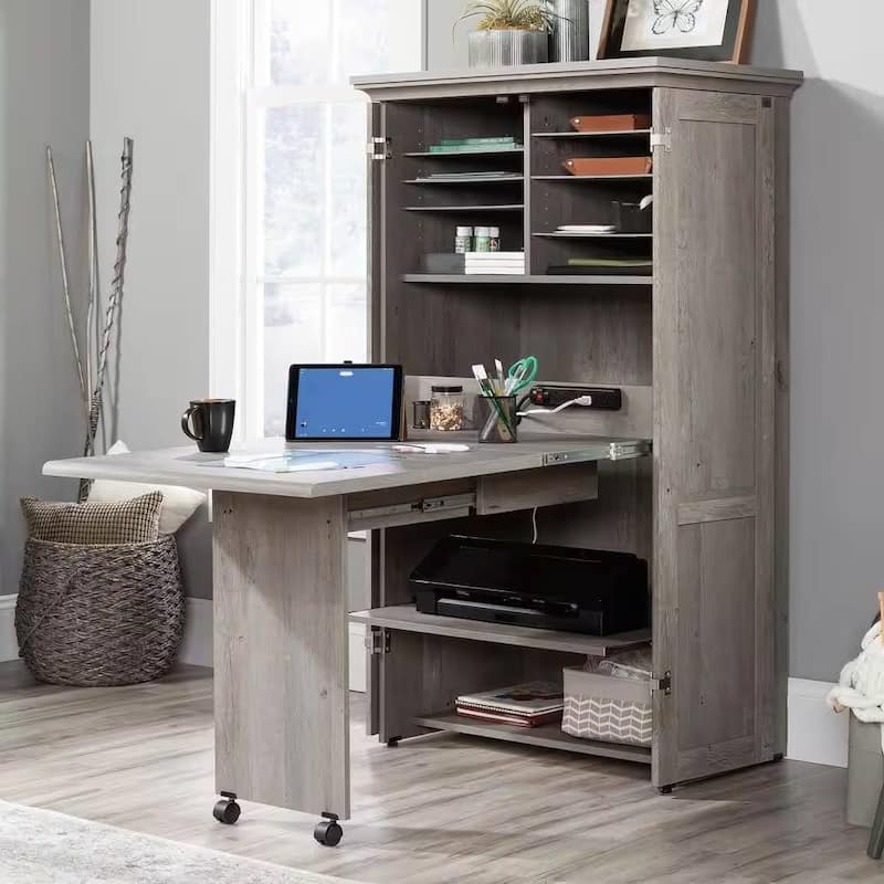 Space-Saving Craft Armoire with Drop Leaf Desk and Adjustable Storage Shelves Power Strip