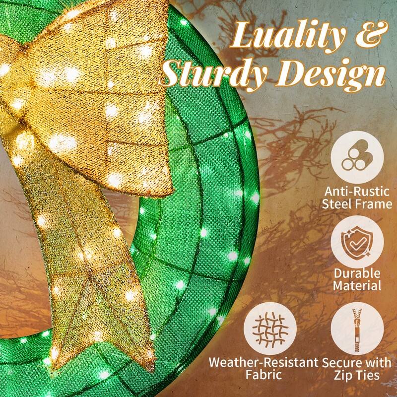 24in Pre-lit Christmas Wreath Decoration, Lighted Metal Wreath,Green and Warm White LED Lights, for Indoor Outdoor Holiday Party