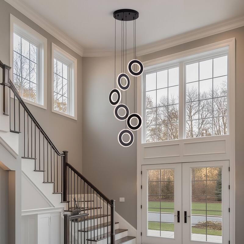 6- Light Black Chandelier for Entryway Dimmable LED Chandelier for Foyer Staircase Stairs with Remote/APP Control - Black Chandelier