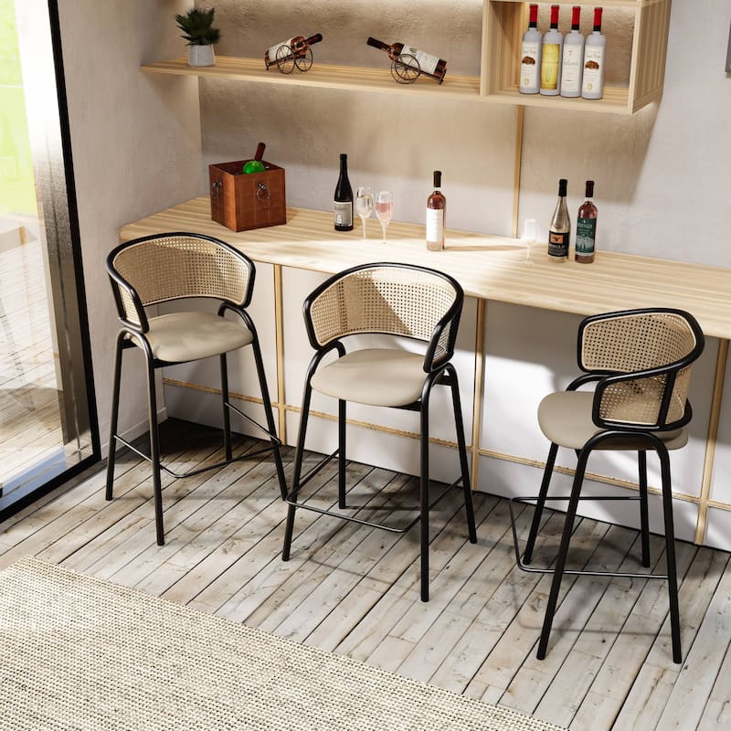 LeisureMod Ervilla Modern Wicker Leather Bar Stool with Curved Back & Stainless Steel Frame for Home & Kitchen