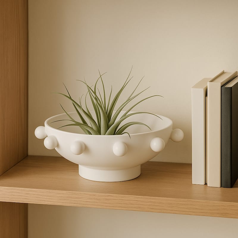 Decorative Round Metal Bowl with Beaded Rim - Home Decor - 11", White - 11.0"