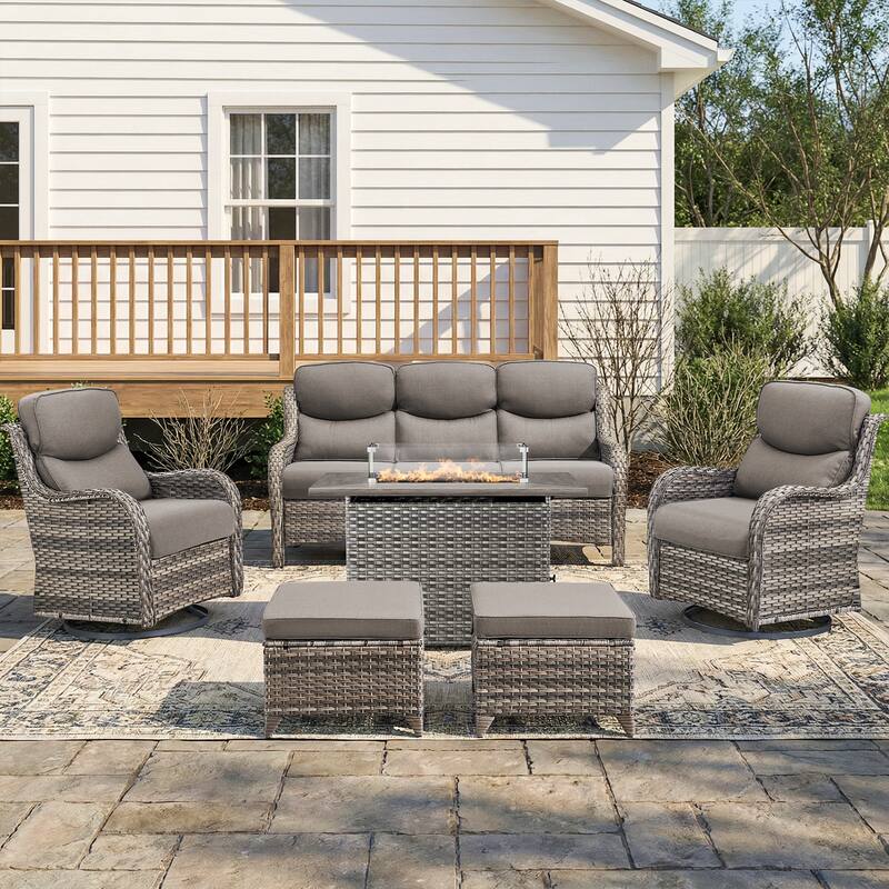 Pocassy Outdoor Fire Pit Sofa Swivel Chairs Conversation Set - Gray Wicker Gray Cushion - 6-Piece Sofa Swivel Chair Ottoman w/ Fie Table