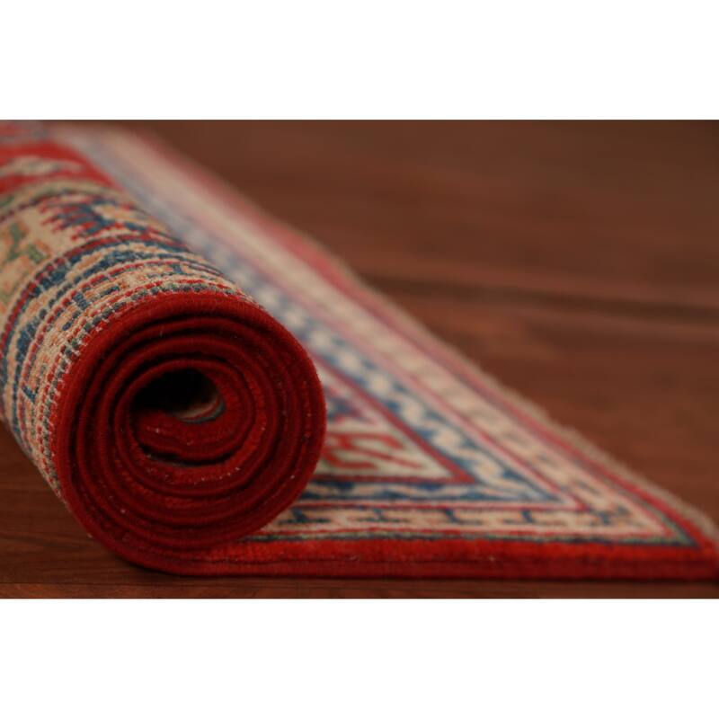 Geometric Kazak Foyer Rug Red Handmade Wool Carpet - 2'8"x 3'11"