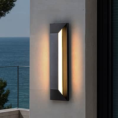 H22" Large Dusk to Dawn Modern Integrated LED Exterior Wall Sconce with Black Trapezoid Design and Acrylic Shade for Garage