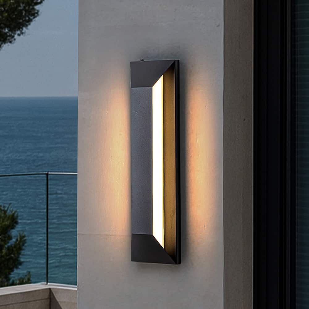 H22" Large Dusk to Dawn Modern Integrated LED Exterior Wall Sconce with Black Trapezoid Design and Acrylic Shade for Garage