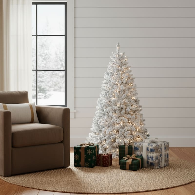 HomeRoots 5' White Pre Lit Full Flocked Fir Christmas Tree - 31.00 in. x 60.00 in. x 31.00 in. - White - 5 Foot