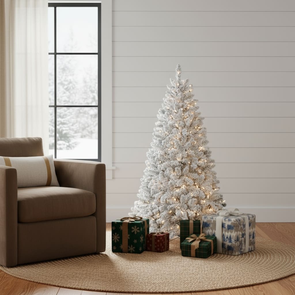 HomeRoots 5' White Pre Lit Full Flocked Fir Christmas Tree - 31.00 in. x 60.00 in. x 31.00 in.