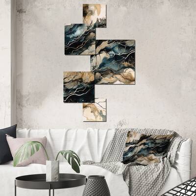 Designart "Blue Beige Marbled Dreamscape III" Modern Geometric Metal Wall Art Set