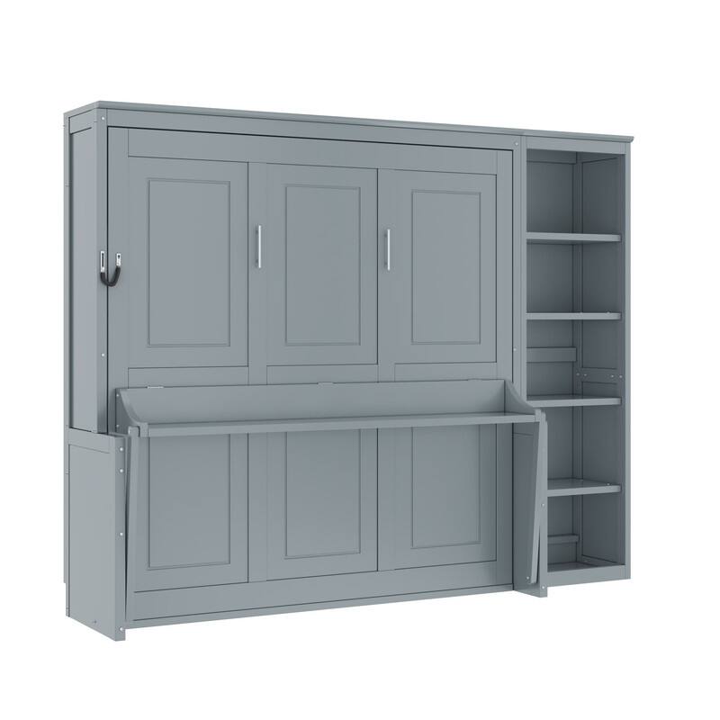 Full/Queen Size Murphy Bed with Built-in Desk, Wall Bed Folding Bed Frame with 5-Tier Side Bookshelf