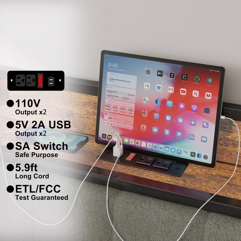 Linen Upholstered Platform Bed with Charging Station, Storage Shelf and Metal Frame Support for Bedroom, Guest Room