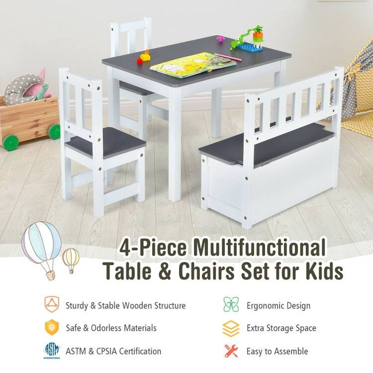 4 Pieces Kids Wooden Activity Table and Chairs Set with Storage Bench and Study Desk - 27.5" (L) X 19" (W) X 20" (H)
