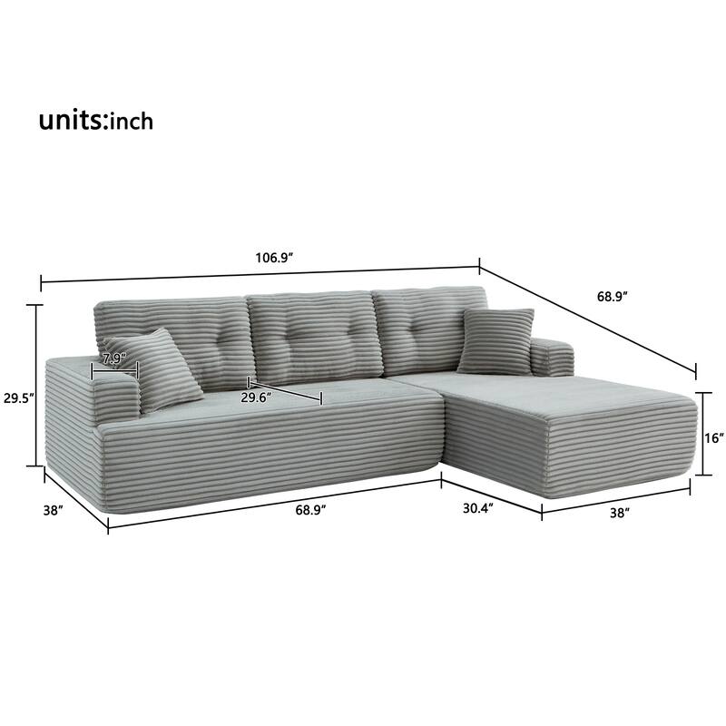 Rossetta Modern Minimalist Style L-Shape Compressed Corduroy Sectional Sofa with Left-Facing Chaise