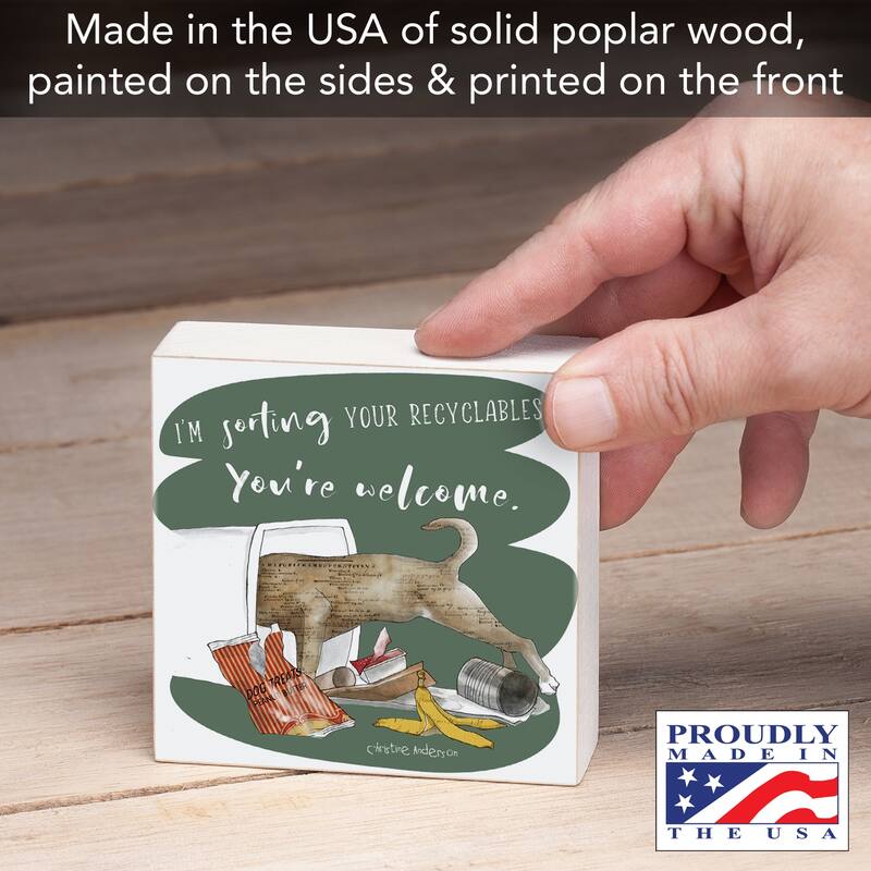 Recyclables Artistic Freestanding Solid Wood Block Sign Made in the USA 3.75” Square Decorative Accent for Home or Office