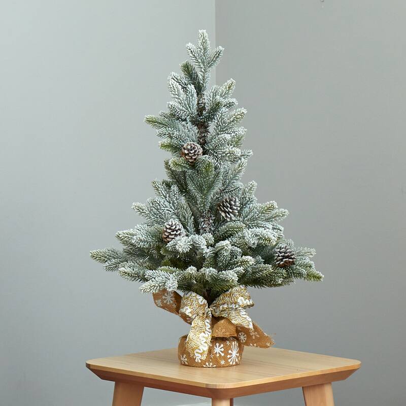 2' Potted Flocked Artificial Christmas Tree with Pinecones, Unlit - 2 Foot